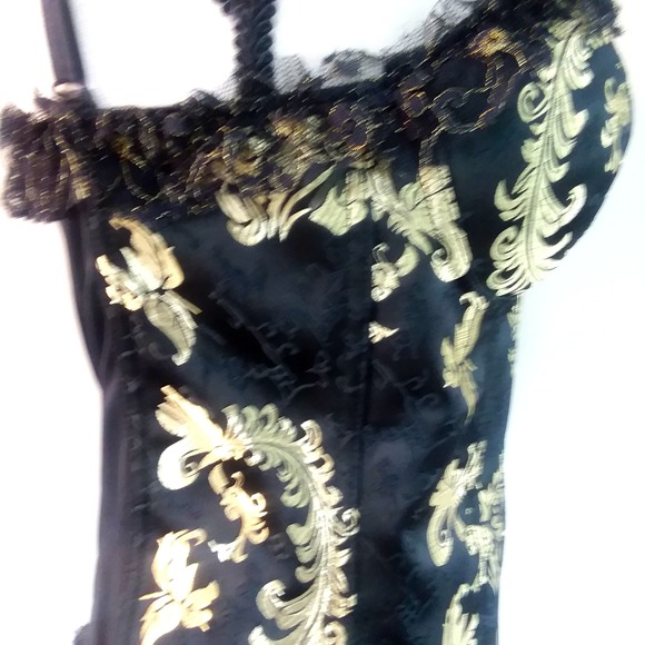 Black & Gold Floral Lace Trim Corset Top Steampunk Gothic Lolita Victorian - Picture 5 of 15